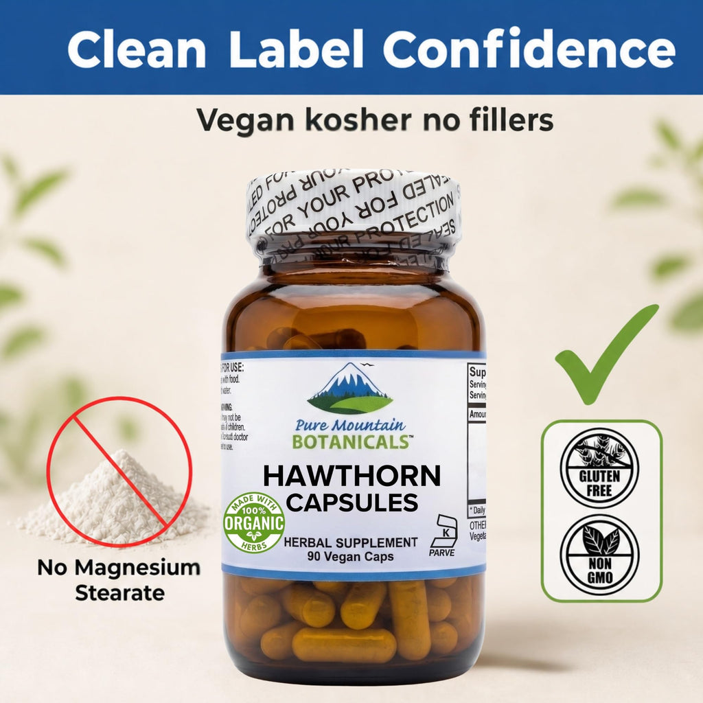 Pure Mountain Botanicals 1000mg hawthorn berry capsules brown glass bottle packaging for maximum ingredient freshness