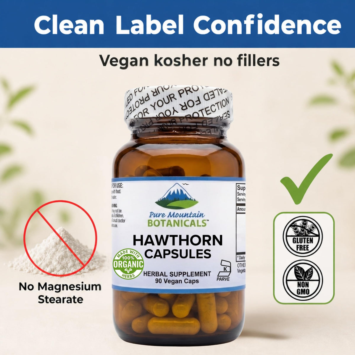 Pure Mountain Botanicals 1000mg hawthorn berry capsules brown glass bottle packaging for maximum ingredient freshness