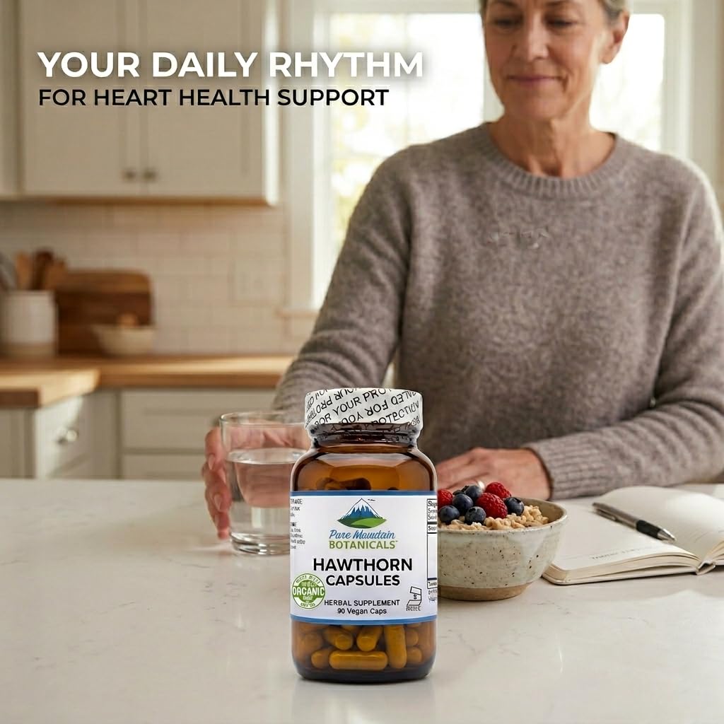 Pure Mountain Botanicals organic cardiovascular support capsules showing the kosher and vegan certified badges