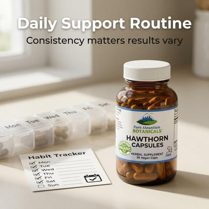 Authentic imported Pure Mountain Botanicals hawthorn berry dietary supplement with tamper evident seal intact