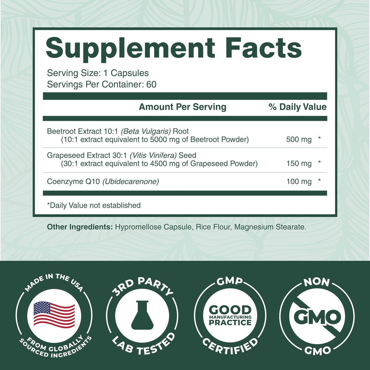 PurePremium non-GMO beetroot and CoQ10 health supplement bottle close up view