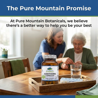 Pure Mountain Botanicals organic hawthorn herbal supplement capsules displayed next to its premium protective glass bottle