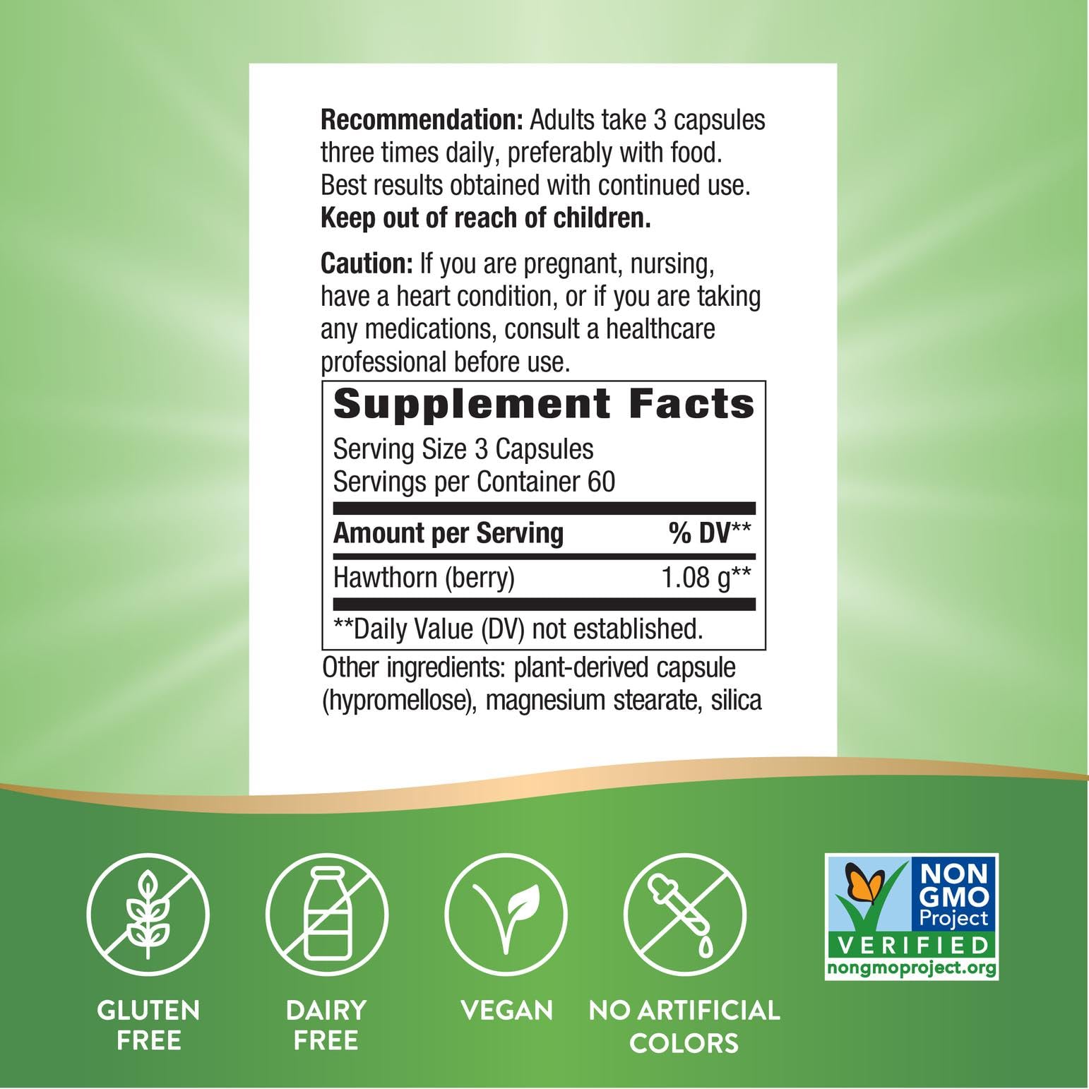Nature's Way Hawthorn Berries supplement facts and ingredients label showing 1530 milligrams per serving