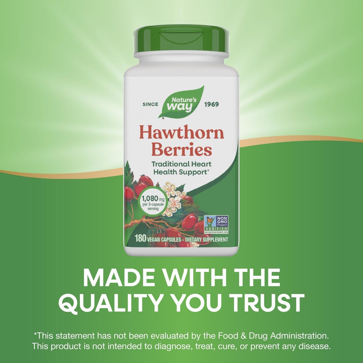 Back packaging of Nature's Way Hawthorn fruit capsules showing usage directions and dietary exclusions