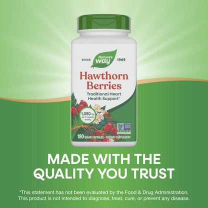 Back packaging of Nature's Way Hawthorn fruit capsules showing usage directions and dietary exclusions