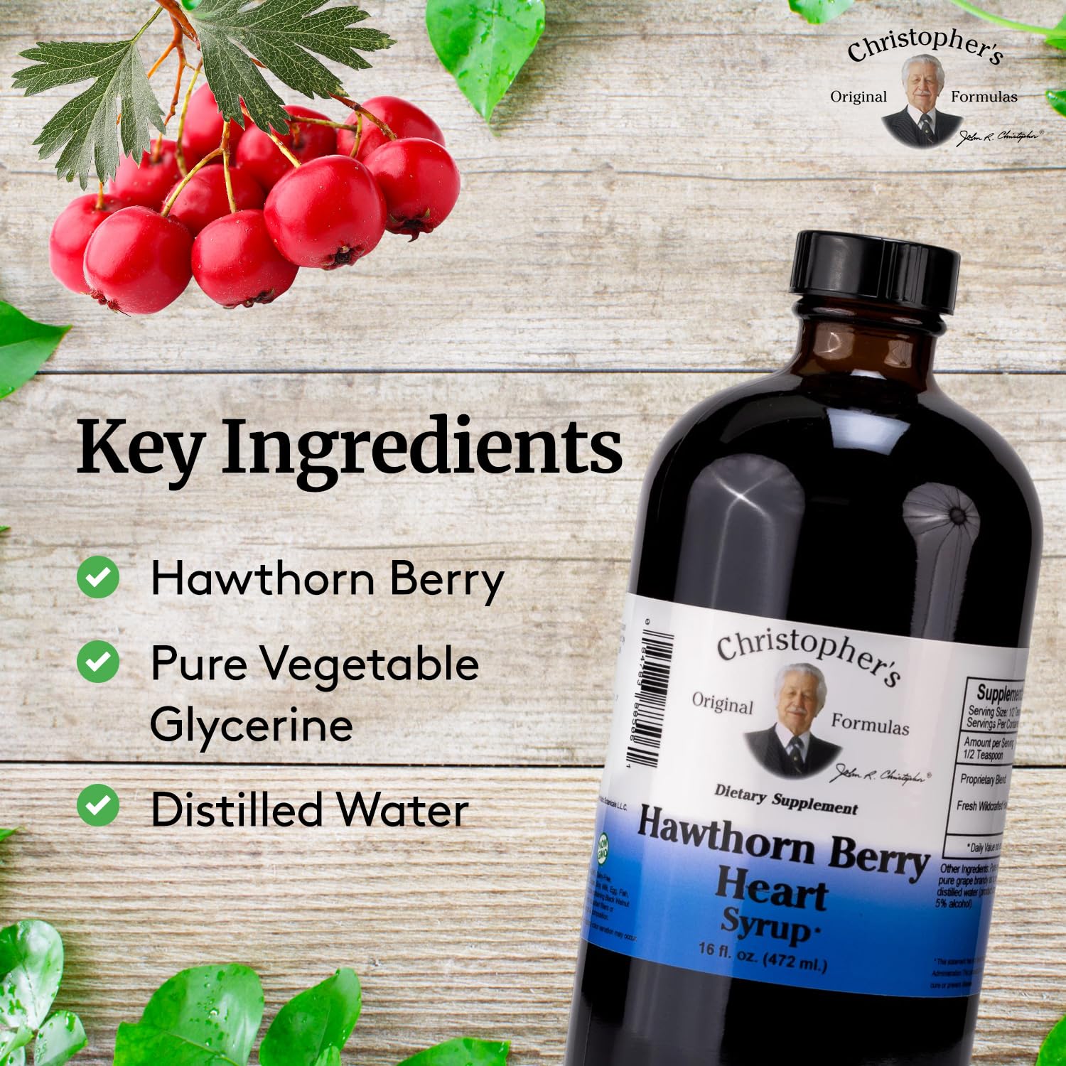 Side view of Christopher's Formulas wildcrafted hawthorn berry heart tonic bottle detailing product facts
