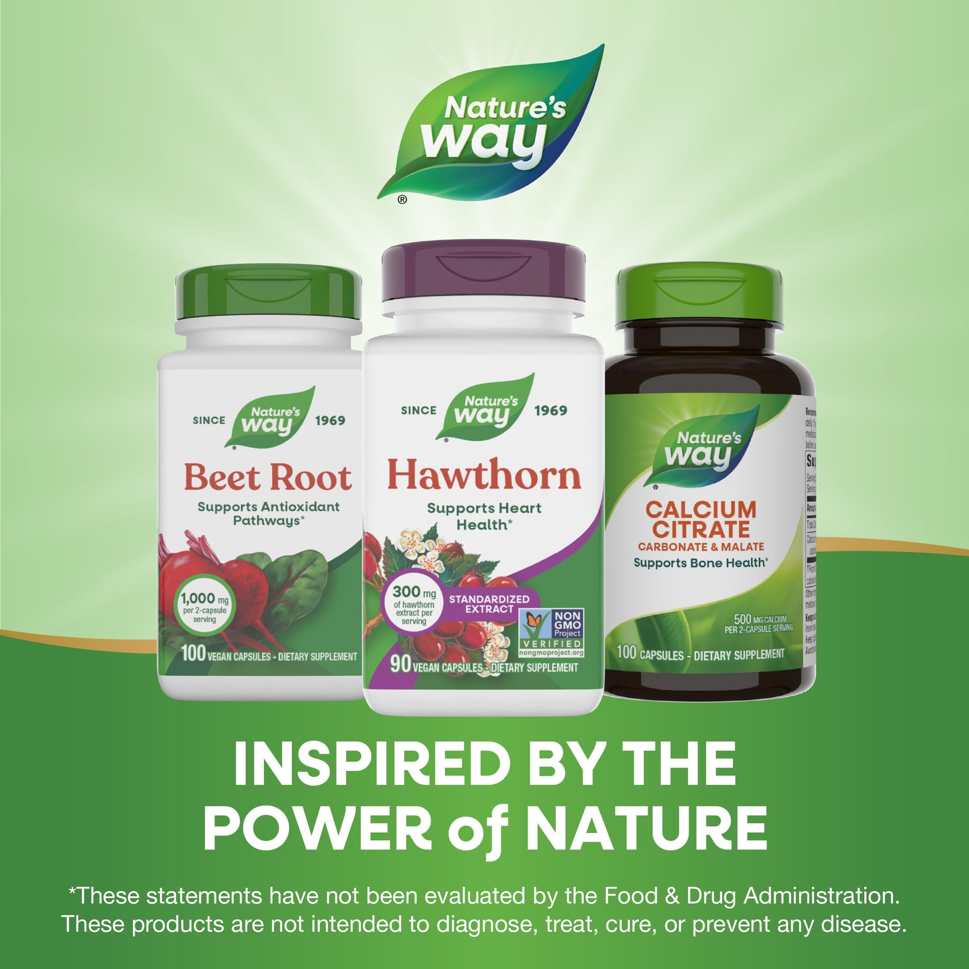 Nature's Way Hawthorn herbal supplement bottle displayed alongside natural botanical imagery