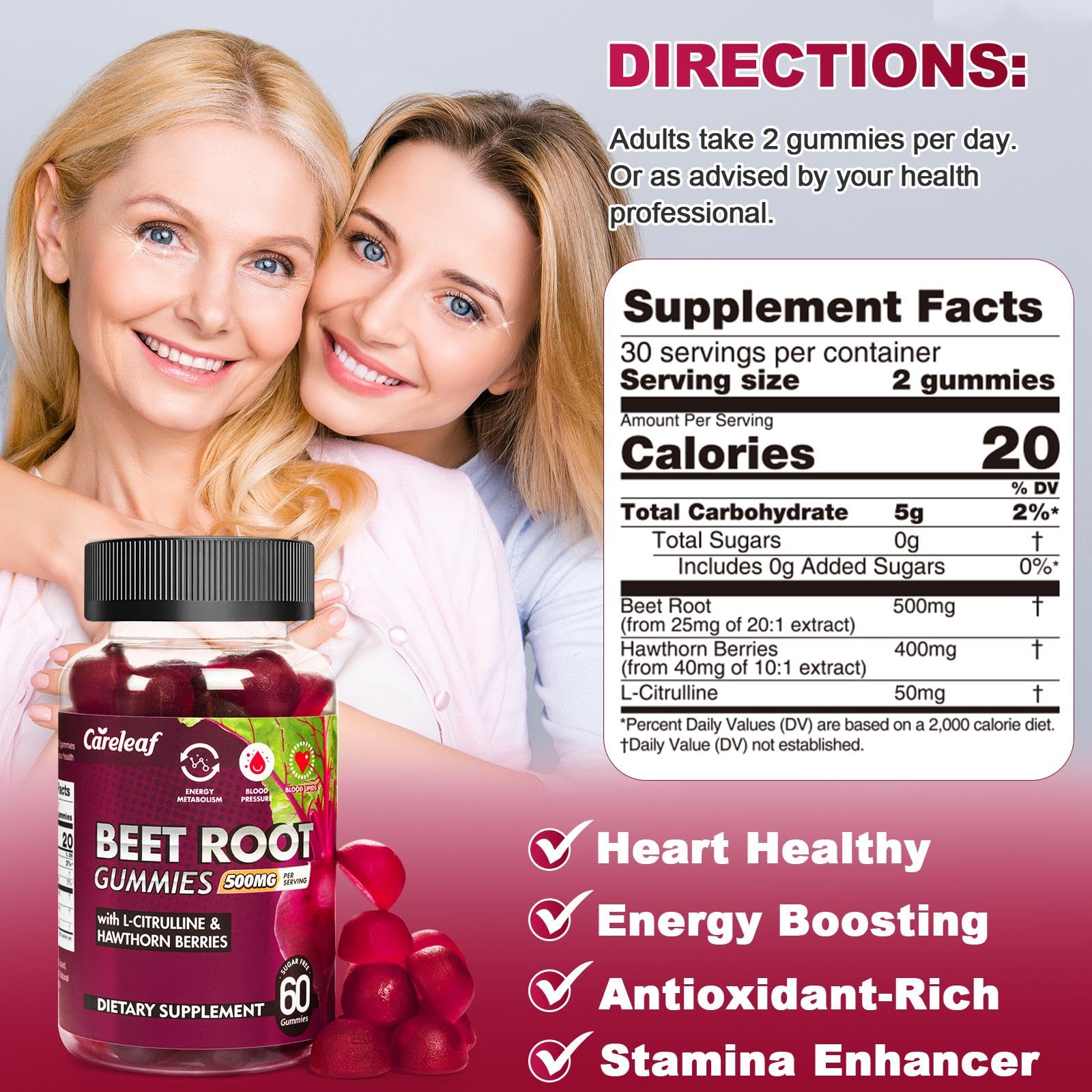 Careleaf Sugar Free Vegan Beet Root 60 Count supplement packaging details.