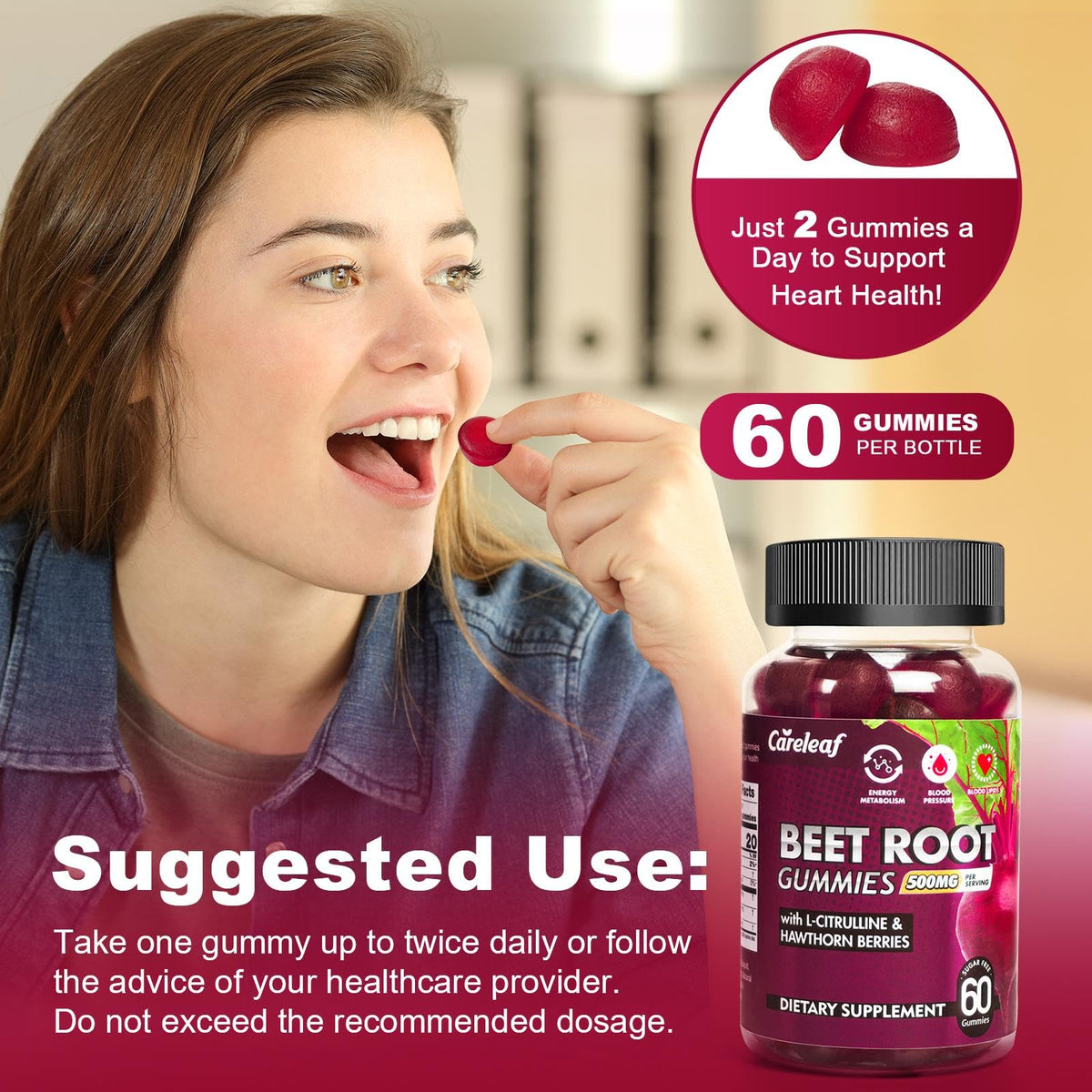 Careleaf nitric oxide booster supplement bottle with non GMO certification.