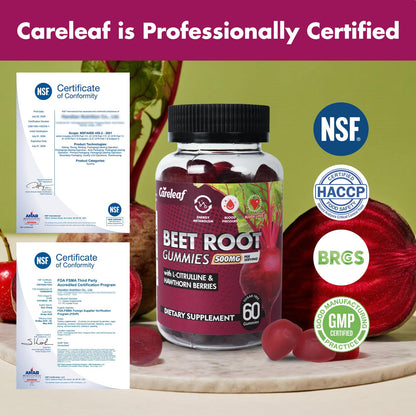 Premium cardiovascular health careleaf dietary gummies showing ingredient highlights.