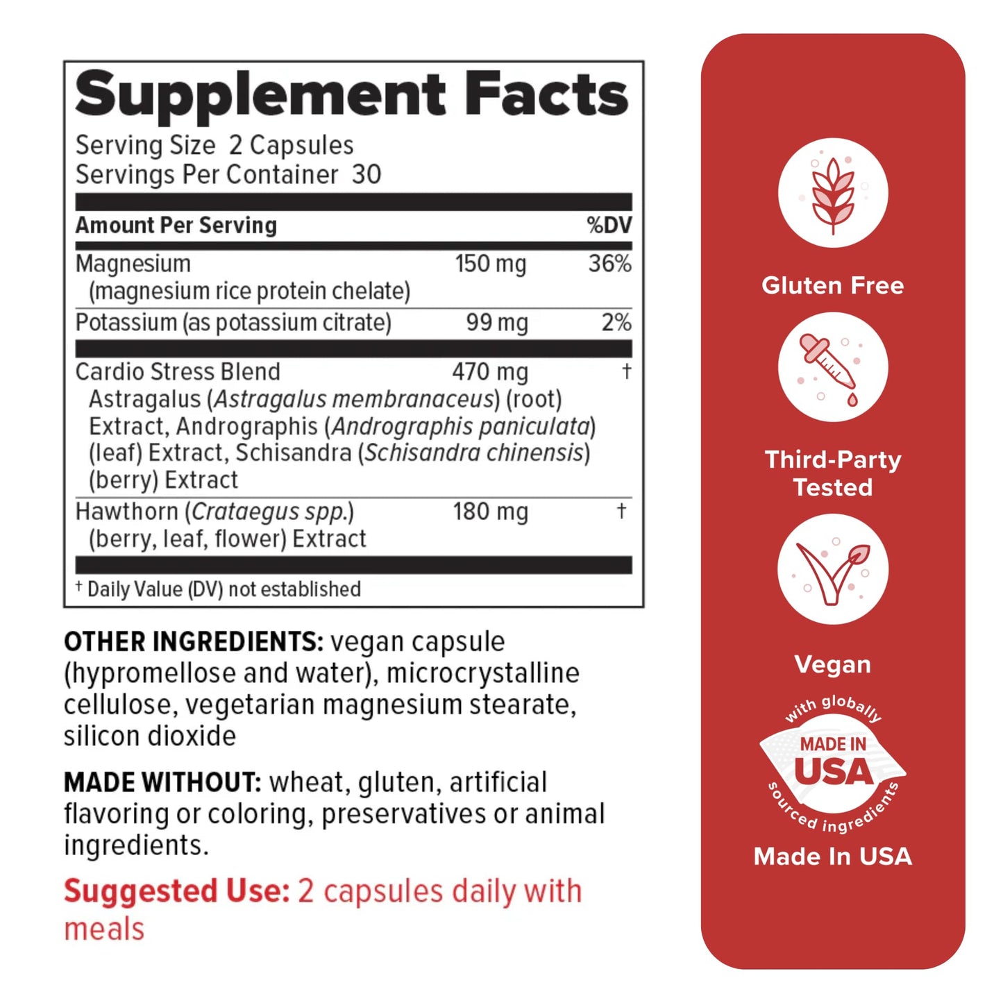Redd Remedies heart health supplement bottle showing legal facts and ingredient details