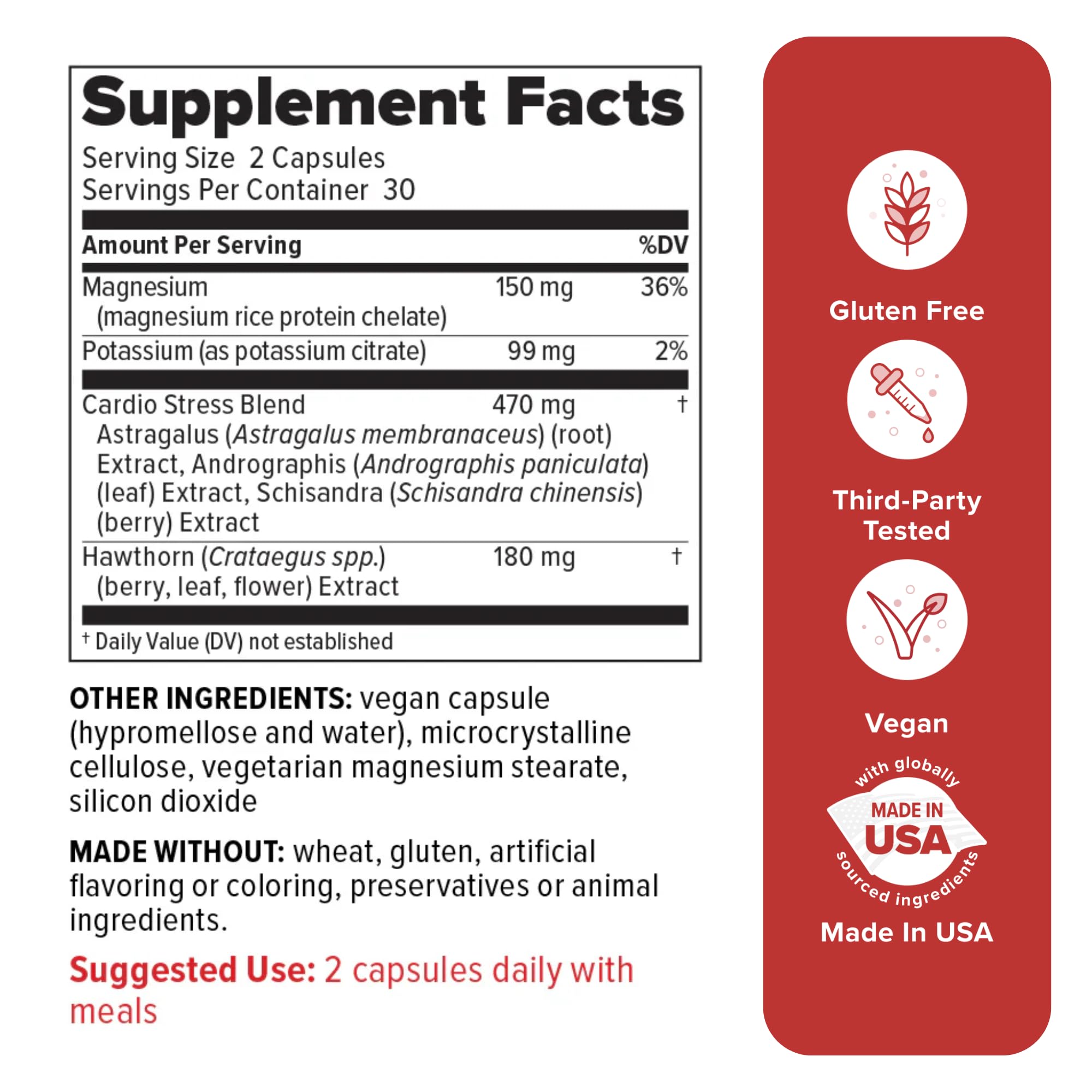 Redd Remedies heart health supplement bottle showing legal facts and ingredient details