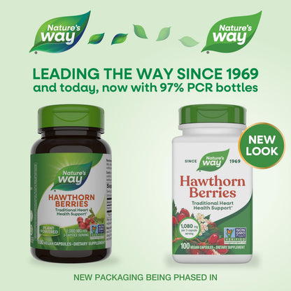 Nature's Way Hawthorn Berries supplement facts panel displaying nutritional information.