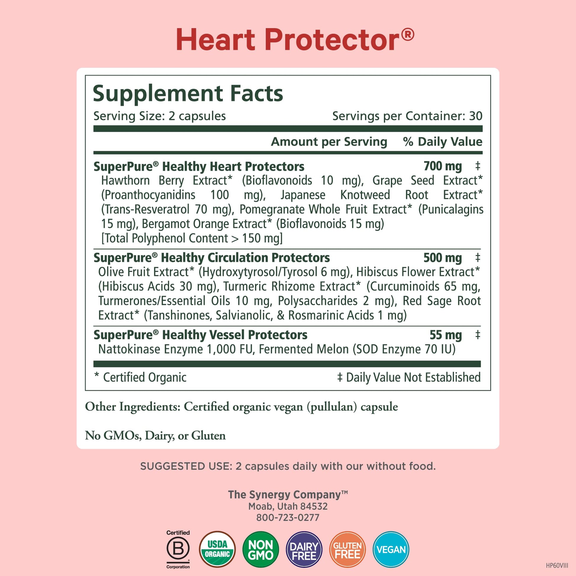 Pure Synergy organic heart supplement bottle showing certified organic and vegan labels.