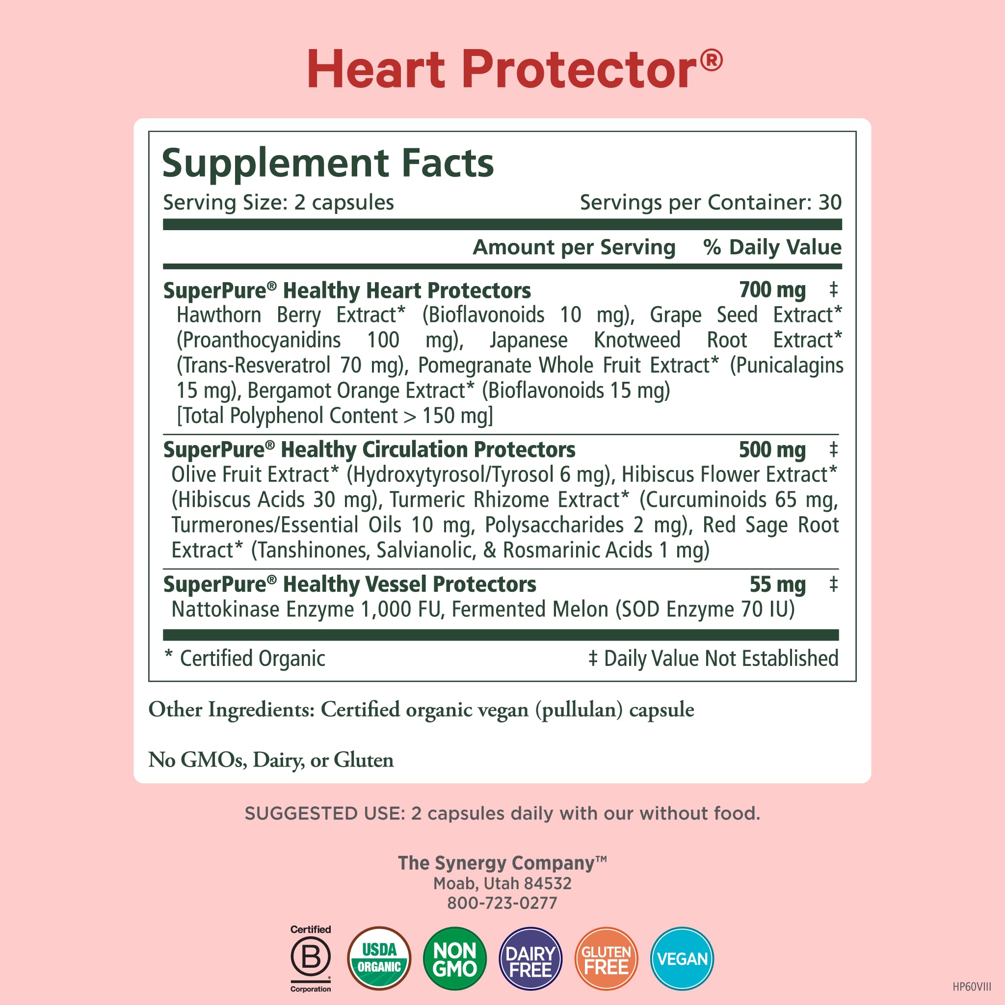Pure Synergy organic heart supplement bottle showing certified organic and vegan labels.