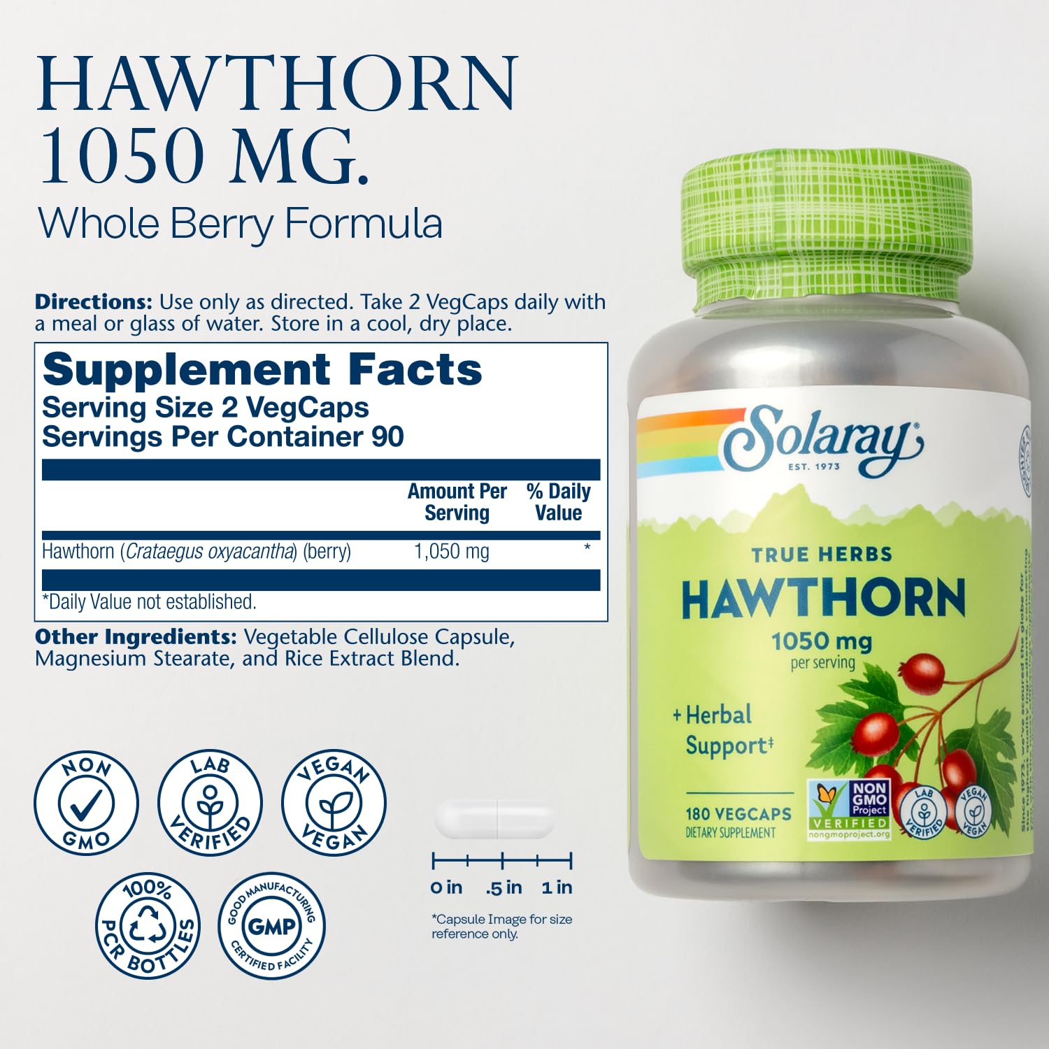 Solaray Hawthorn Berry 180 capsules packaging details highlighting non-GMO and vegan labels