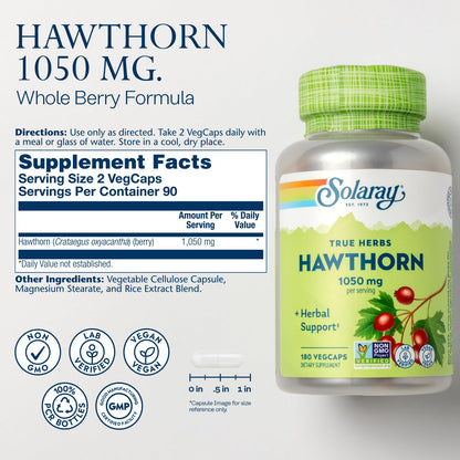 Solaray Hawthorn Berry 180 capsules packaging details highlighting non-GMO and vegan labels