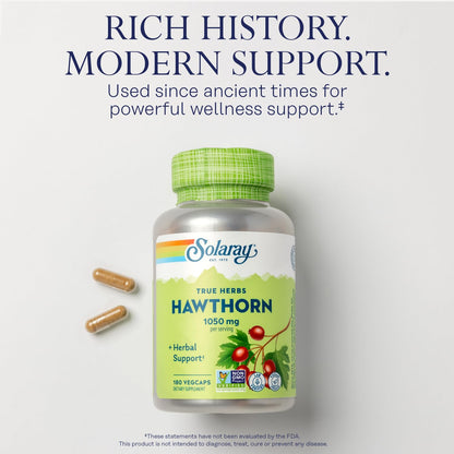 Supplement facts panel on the back of Solaray Hawthorn Berry 1050mg bottle