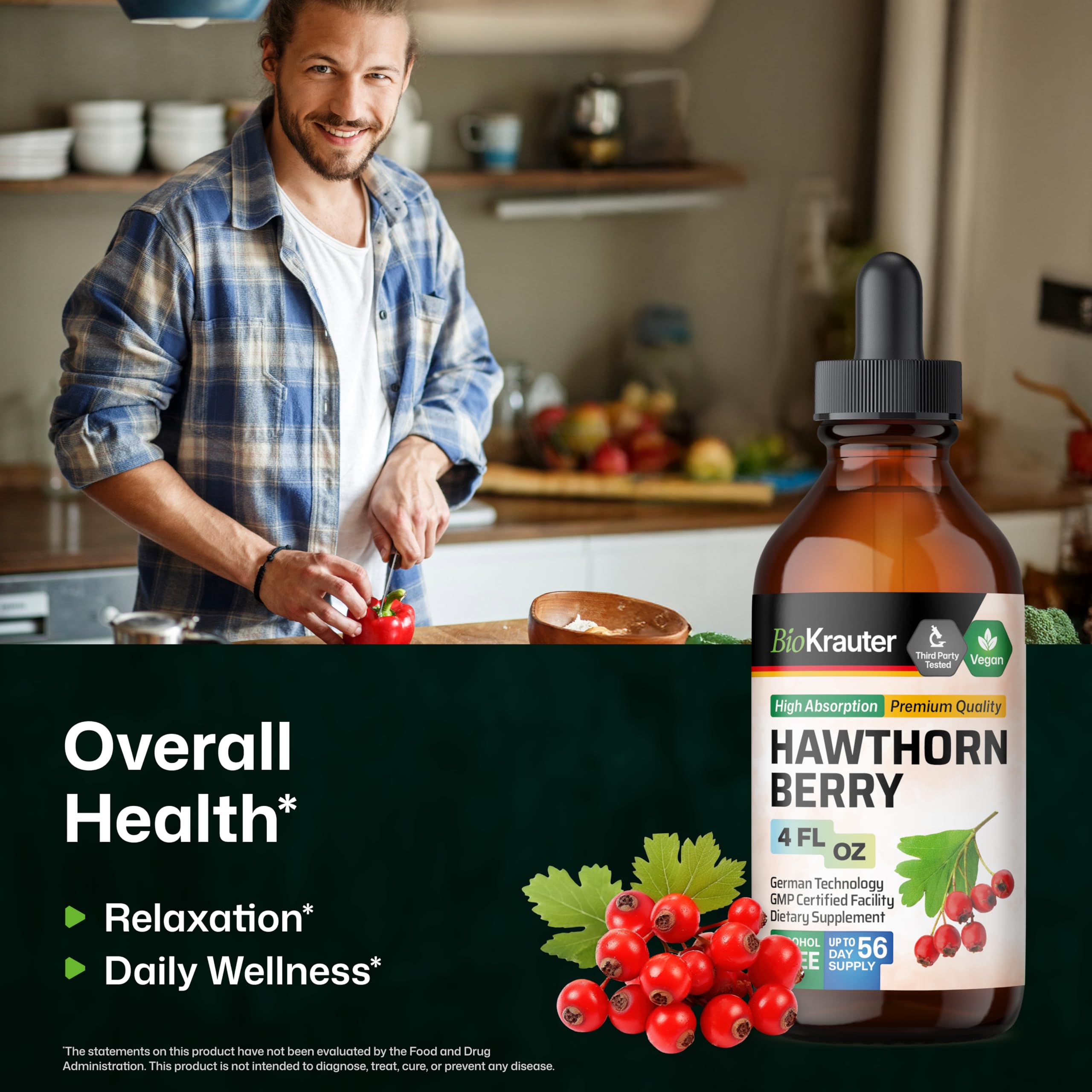 Bio Krauter hawthorn berry liquid tincture ingredient label showing alcohol free and sugar free details