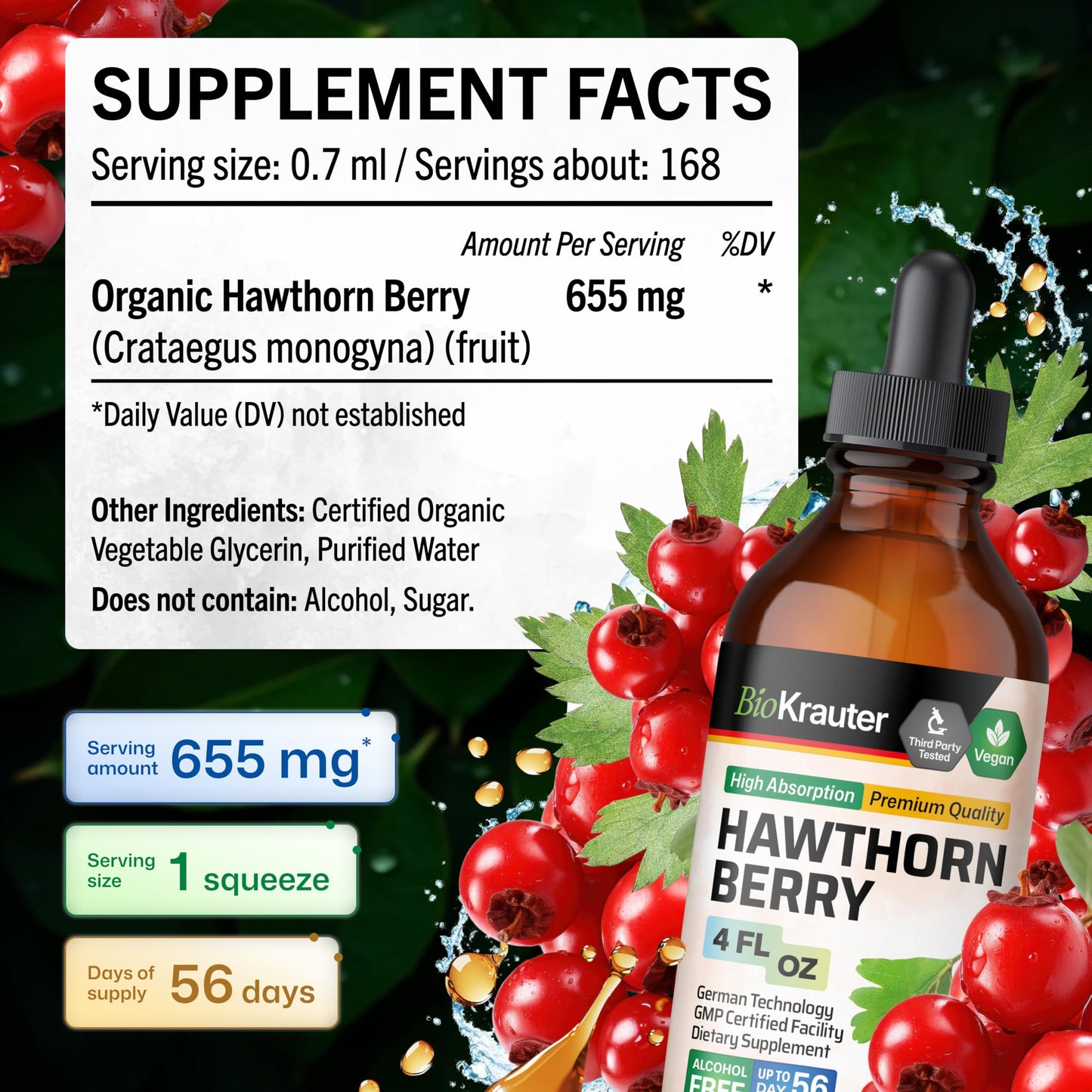 Bio Krauter pure hawthorn berry supplement packaging detailing the 655 mg serving size information