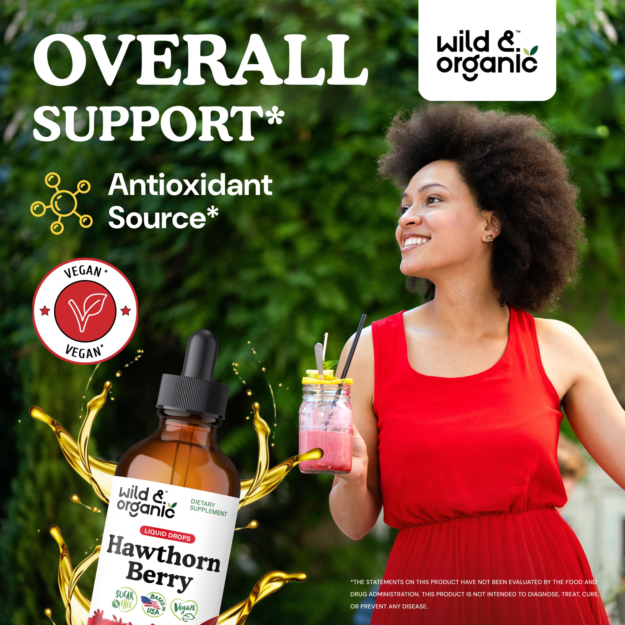 Side angle of Wild & Organic alcohol-free hawthorn berry liquid drops displaying supplement facts and nutritional info.