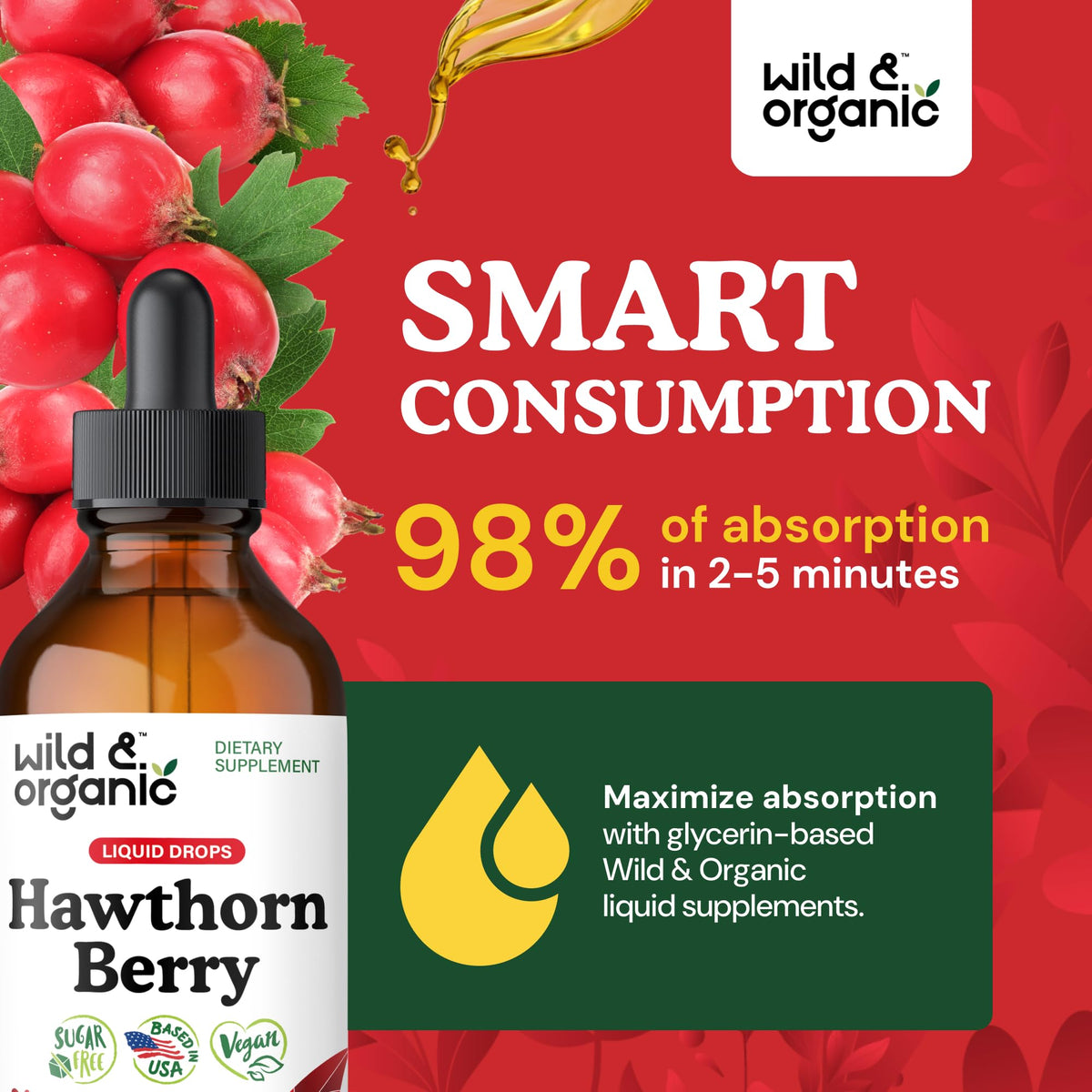 Wild & Organic Hawthorn Berry sugar-free tincture bottle highlighting the clean, vegetable glycerin-based liquid formulation.