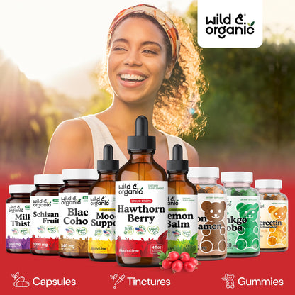 Back label view of Wild & Organic hawthorn berry extract showing clear daily usage instructions and pure ingredients.