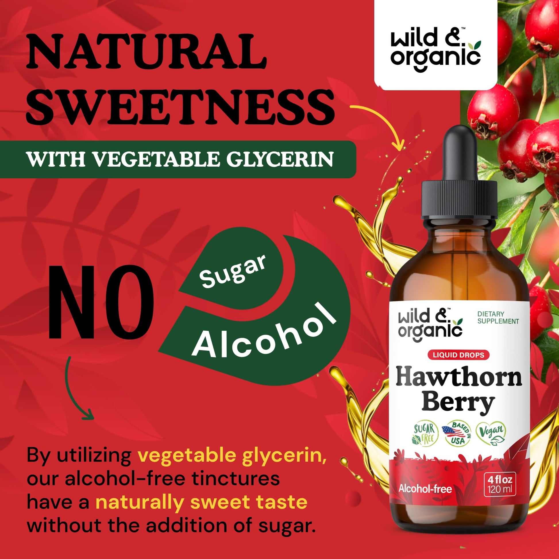 Packaging layout of the 120 mL imported USA hawthorn berry dietary supplement by Wild & Organic.