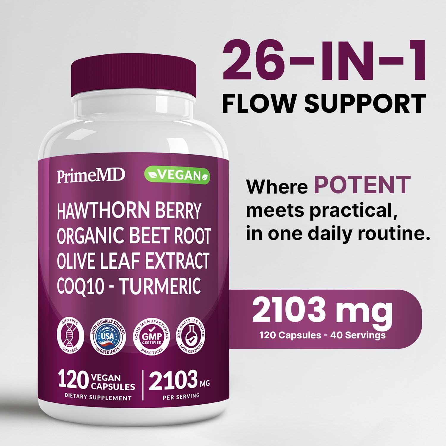 PrimeMD Nitric Oxide Booster Supplement bottle showing nutritional facts and 26-in-1 formula ingredients.