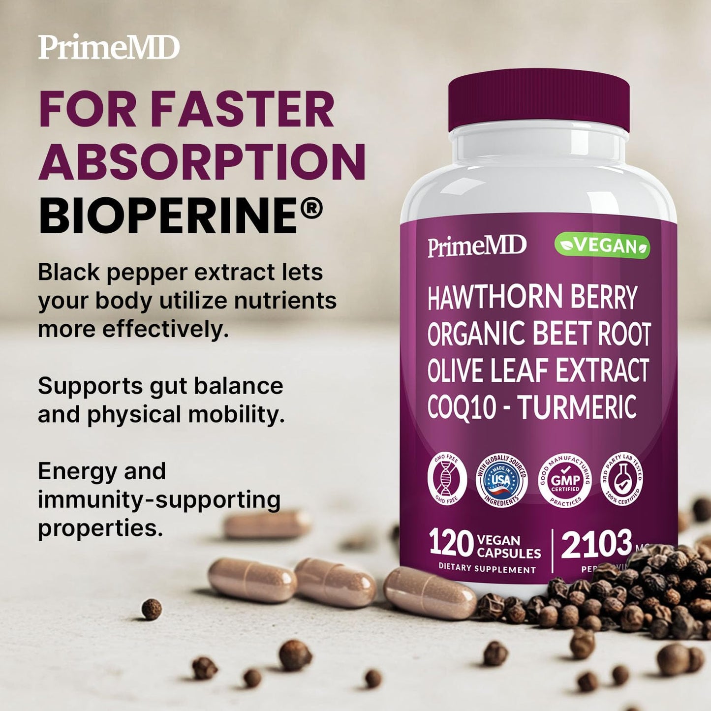 PrimeMD cardiovascular support 120 vegetarian capsules showing product certification details.