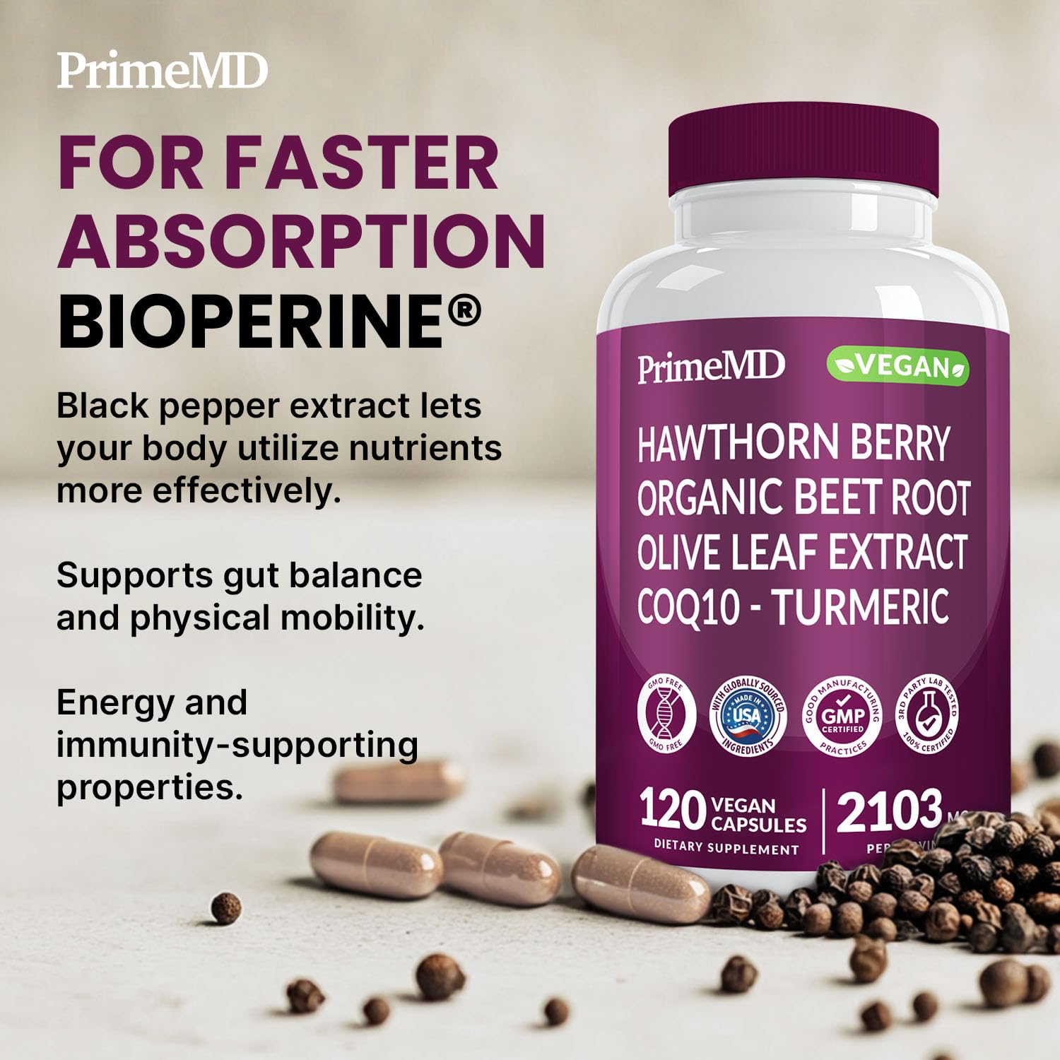PrimeMD cardiovascular support 120 vegetarian capsules showing product certification details.