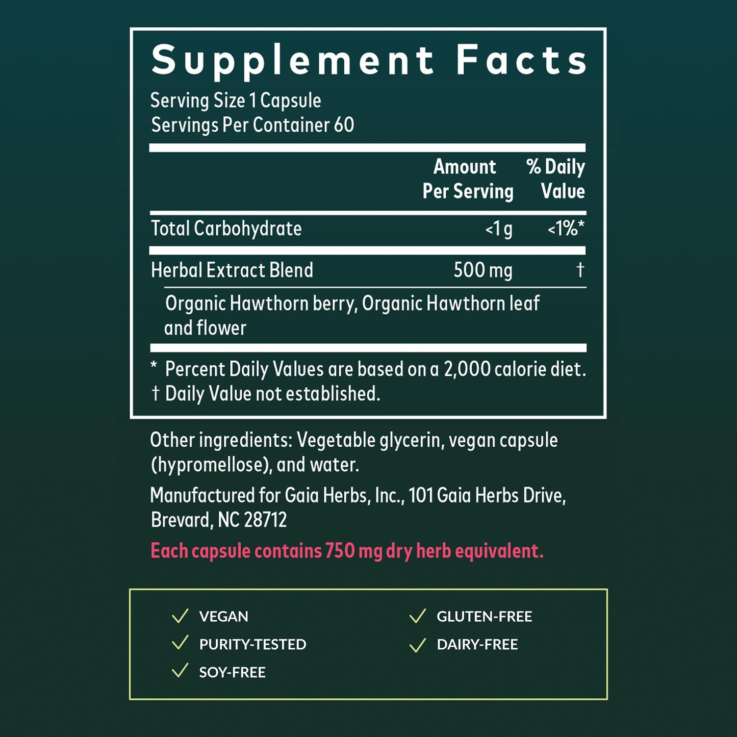 Gaia Herbs Hawthorn Supreme organic cardiovascular support capsules side panel