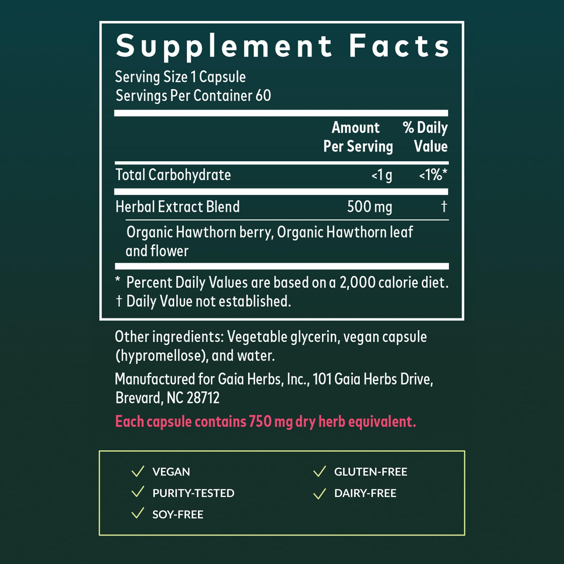 Gaia Herbs Hawthorn Supreme organic cardiovascular support capsules side panel