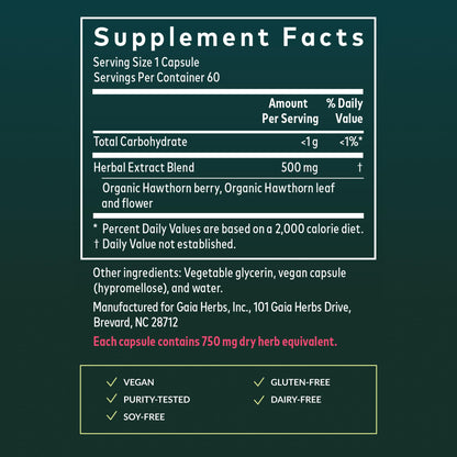 Gaia Herbs Hawthorn Supreme organic cardiovascular support capsules side panel
