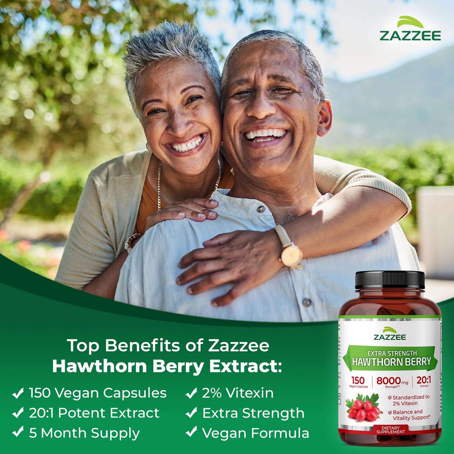 Side view of Zazzee Hawthorn Berry Extract supplement bottle displaying the standardized 2 percent Vitexin fact panel.