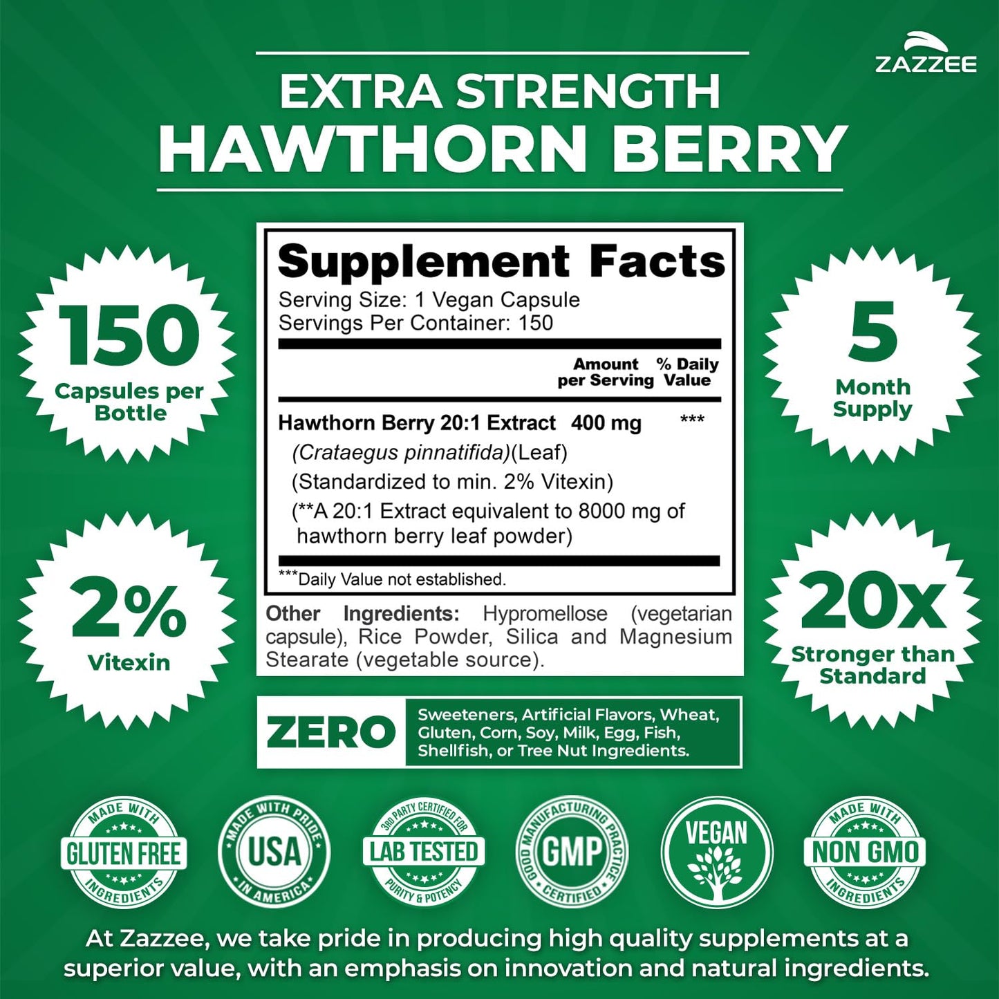Back label details of Zazzee Extra Strength Hawthorn Berry showing clean ingredients and non-GMO certification symbols.
