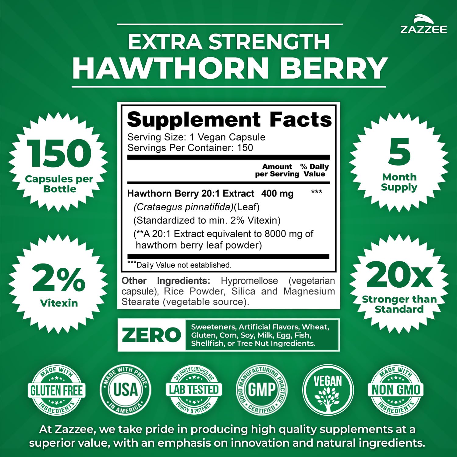 Back label details of Zazzee Extra Strength Hawthorn Berry showing clean ingredients and non-GMO certification symbols.