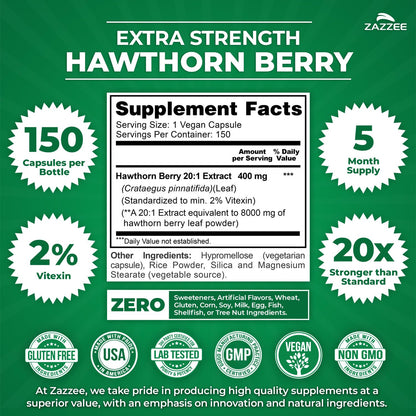 Back label details of Zazzee Extra Strength Hawthorn Berry showing clean ingredients and non-GMO certification symbols.