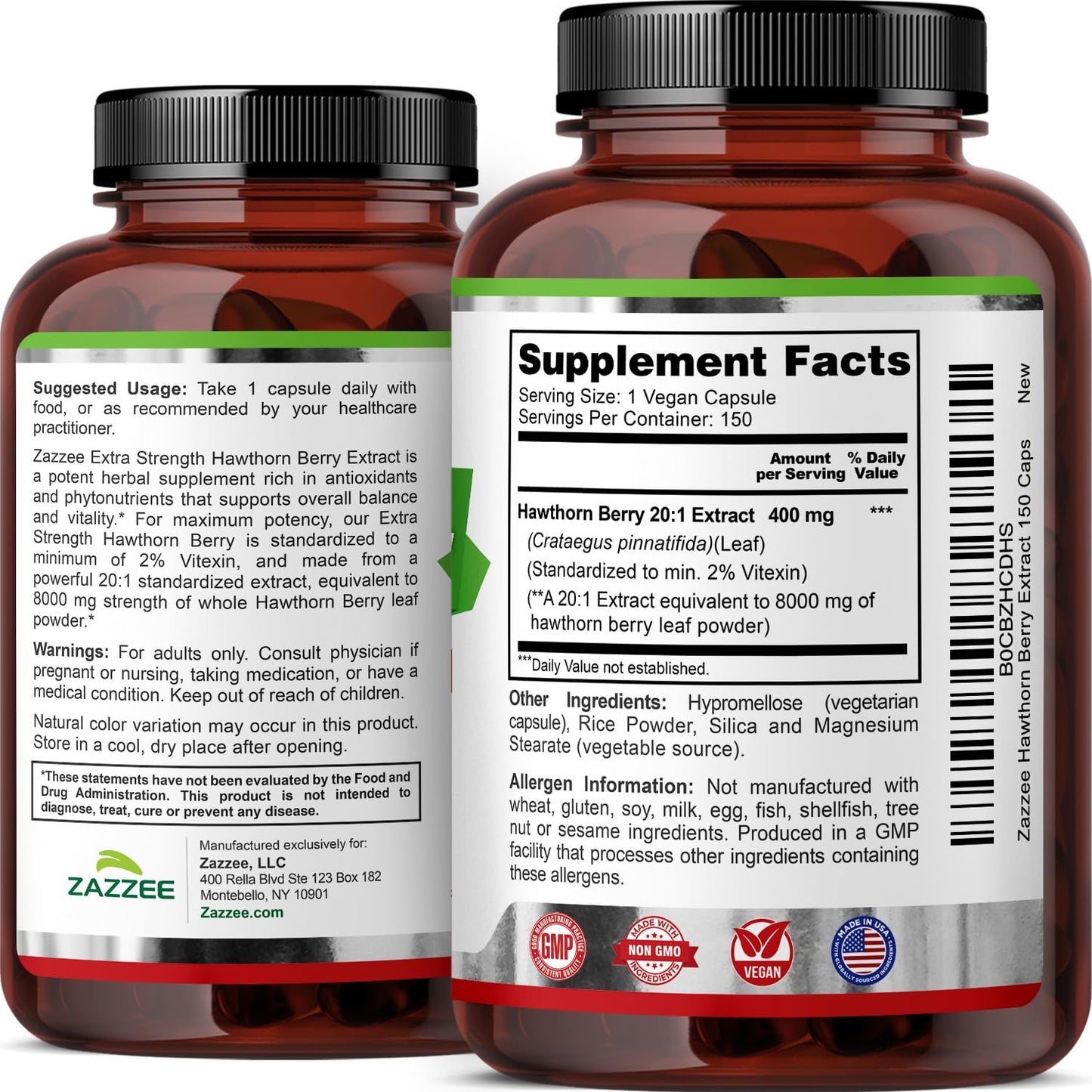Zazzee Naturals cardiovascular support supplement bottle showing laboratory tested and cGMP compliant manufacturing details.