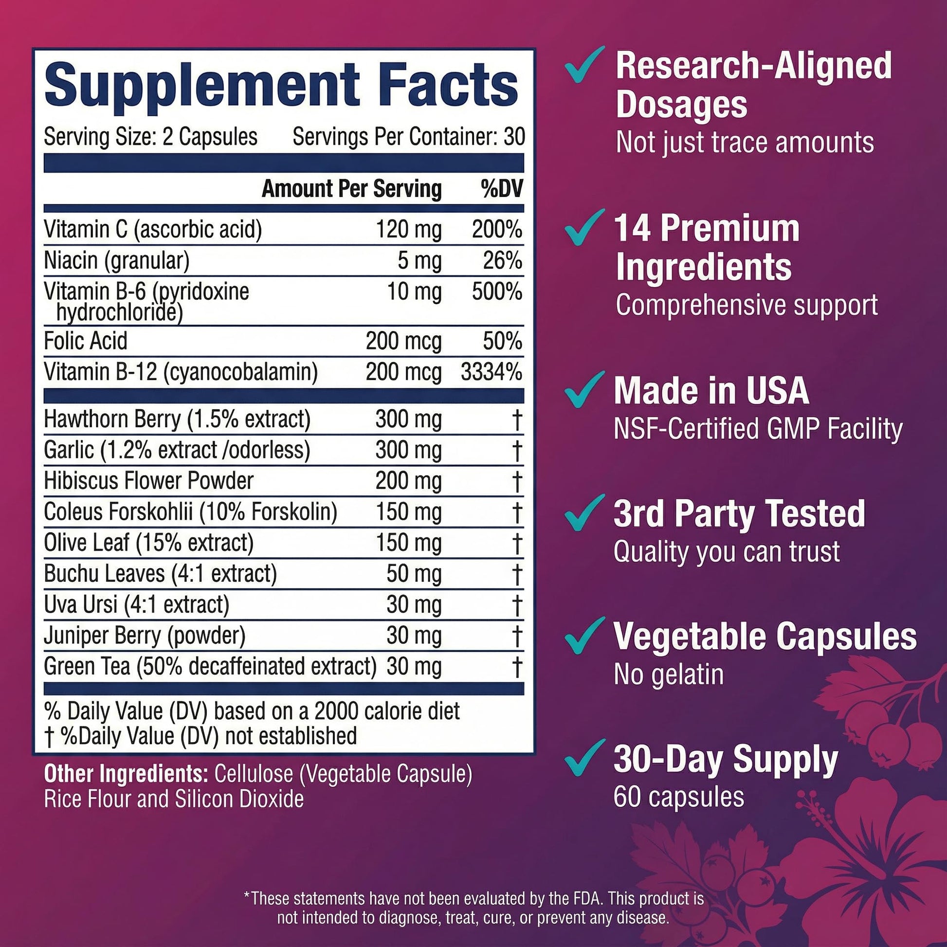 Imported USA heart health supplement capsules by ULTALIFE featuring 14 vitamins and herbs