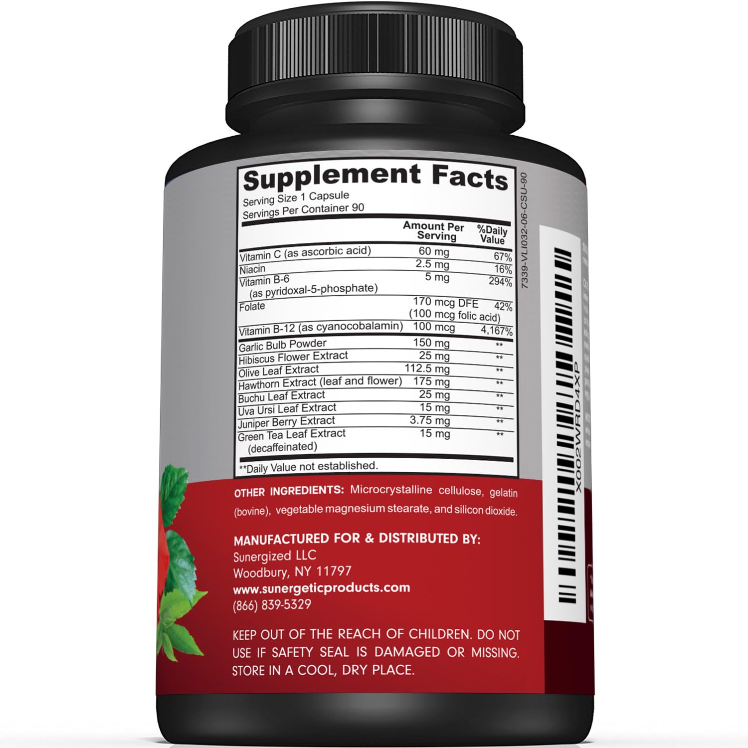 Sunergetic blood pressure supplement 90 capsules label highlighting garlic and hawthorn ingredients