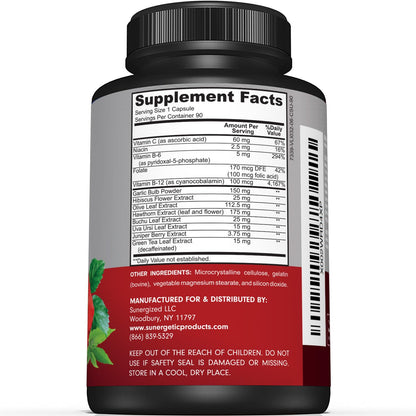 Sunergetic blood pressure supplement 90 capsules label highlighting garlic and hawthorn ingredients