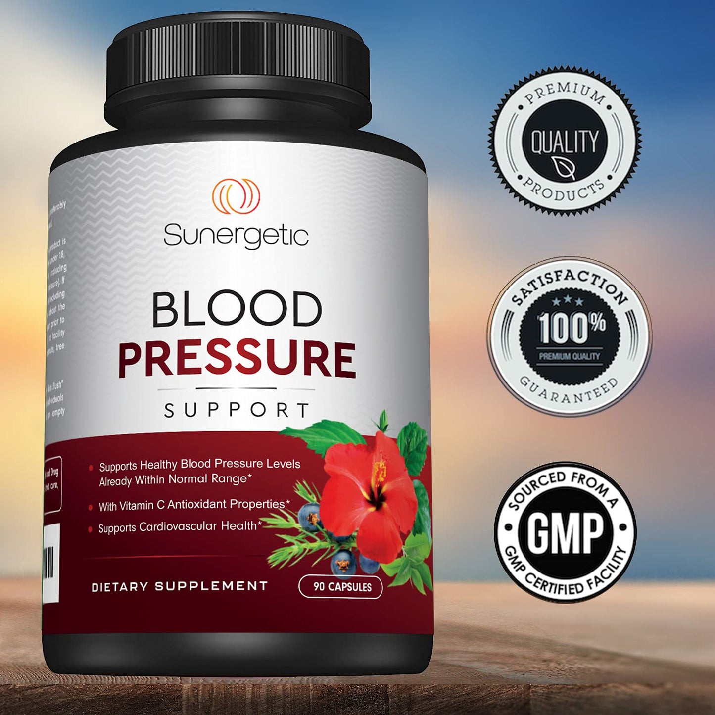 Sunergetic premium heart health dietary supplement bottle with clear dosage instructions