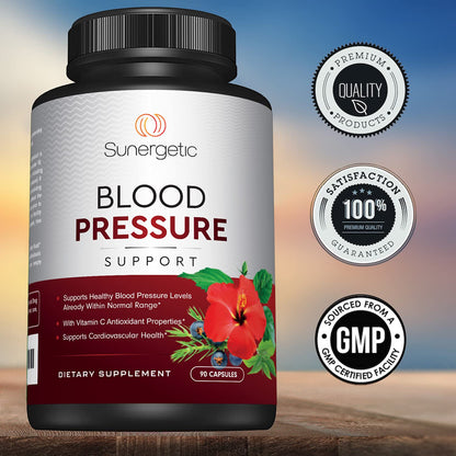 Sunergetic premium heart health dietary supplement bottle with clear dosage instructions