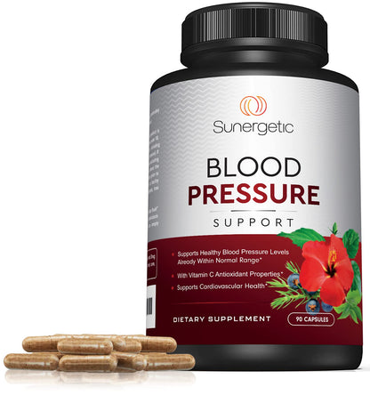 Side view of Sunergetic blood pressure support packaging detailing premium botanical extracts