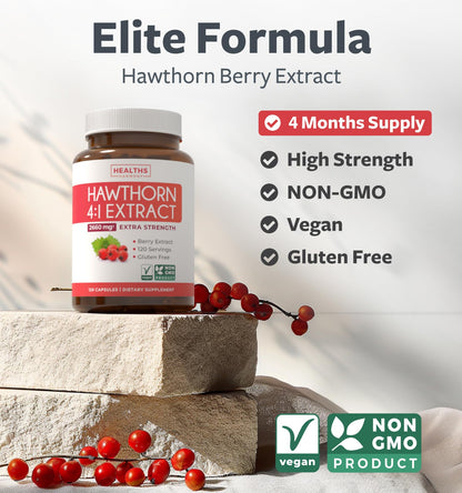 Side view of Healths Harmony hawthorn berry bottle showcasing the clean vegan gluten free and non GMO labels clearly.