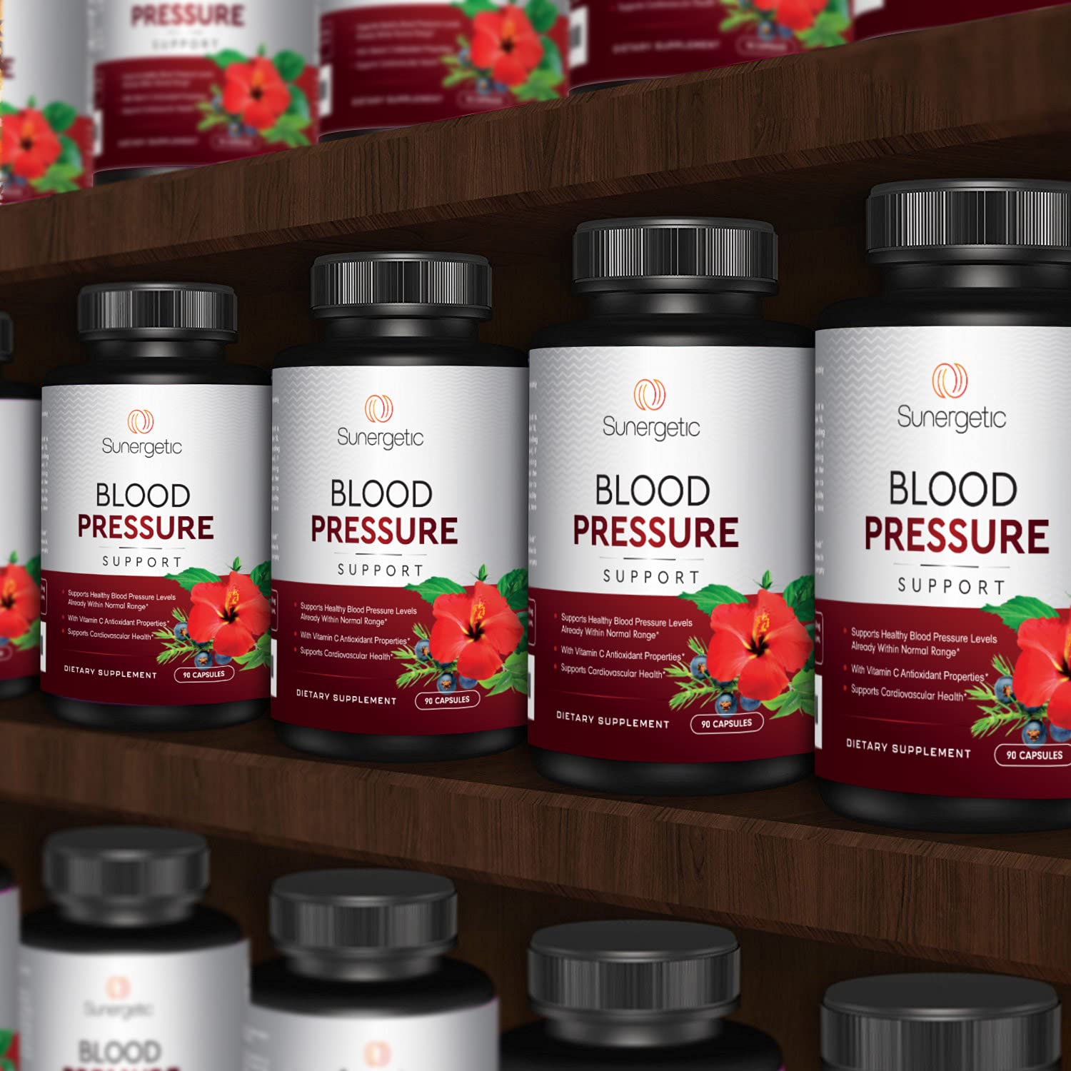 Sunergetic cardiovascular wellness bottle showing ninety capsules container specifications