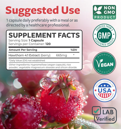Healths Harmony hawthorn berry extract package displaying the four month supply capsule count on the front label.
