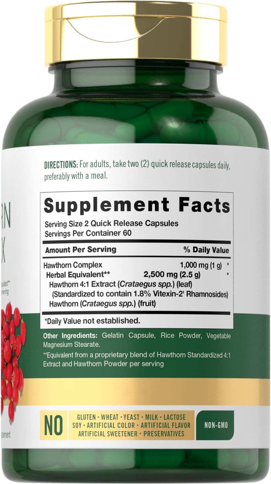 Carlyle Premium Hawthorn Berry Supplement nutritional facts label showing 2500mg serving.