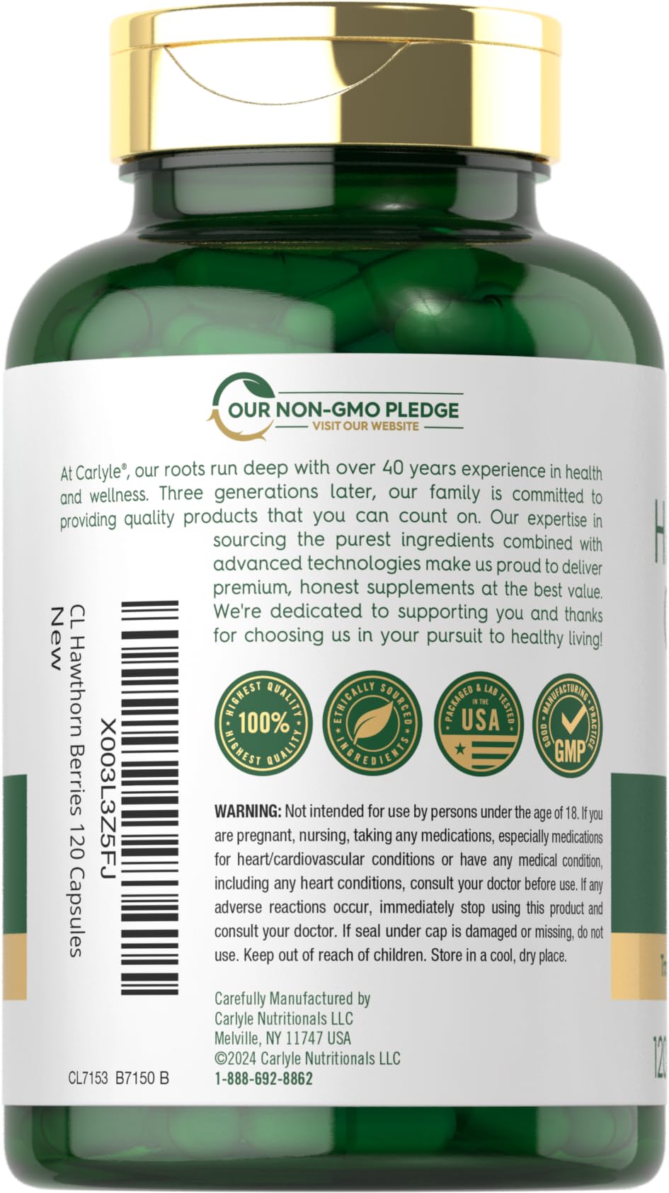 Side view of Carlyle Hawthorn Berry Complex bottle detailing non-GMO and gluten-free certifications.